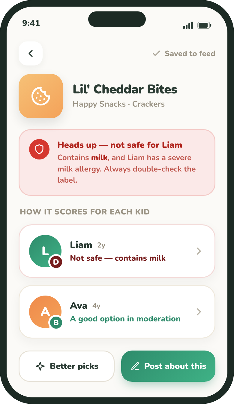 Result screen showing a per-child grade for each child